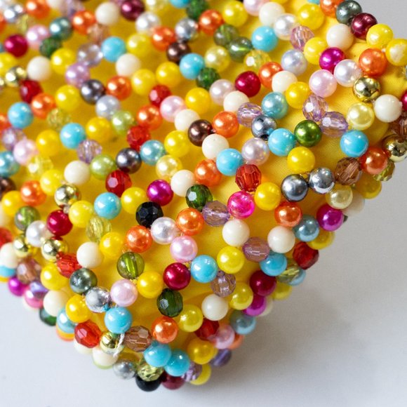 Vintage Beaded Coin Purse | Colourful Beaded Makeup Bag w/ Handle 1970s - Picture 3 of 6